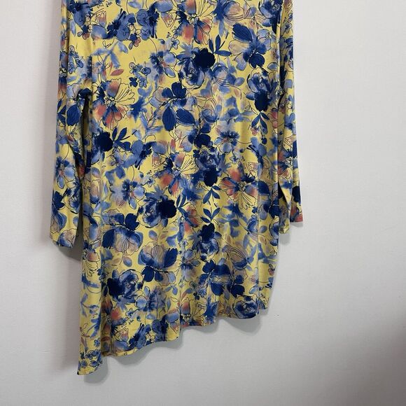LOGO Lori Goldstein Top Tunic S Yellow Blue Floral Asymmetric Hem Pocket Casual - Picture 10 of 11